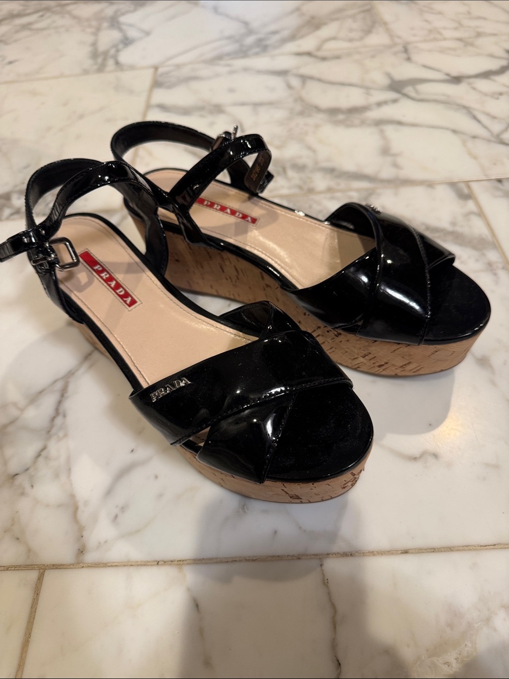 Prada Black Patent Cork Platform Sandals - Women